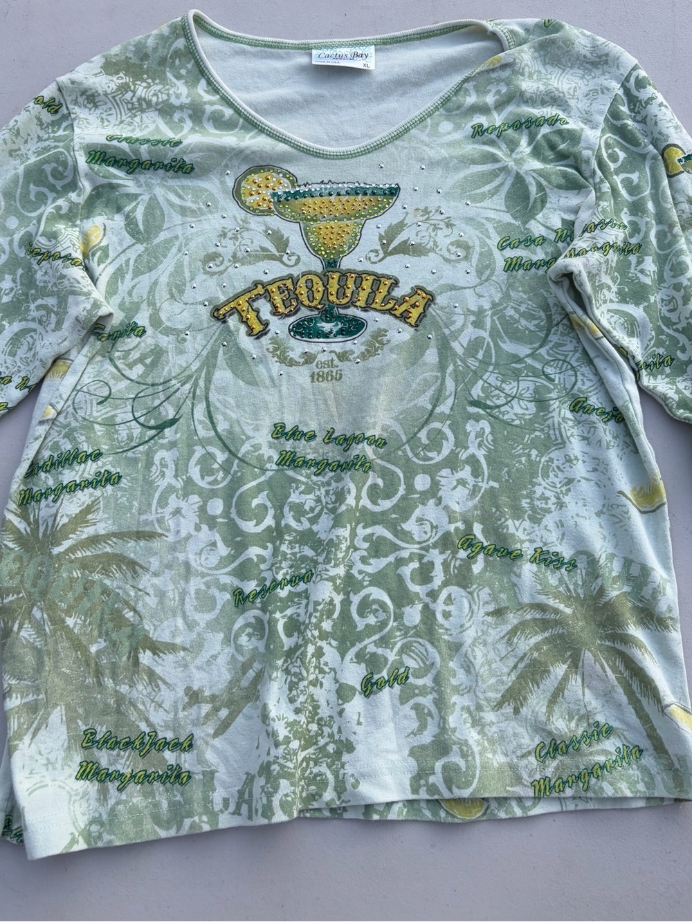 Cactus Bay Tequila rhinestone 3/4 sleeve top - size XL Y2K Tropical